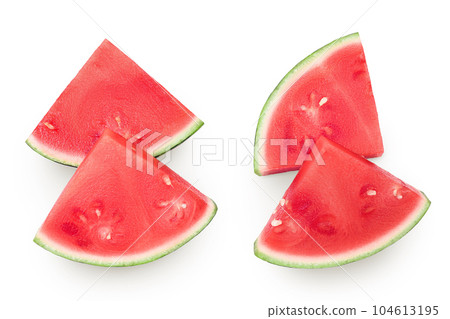 Red seedless watermelon slices isolated on white background. Top view. Flat lay Red seedless watermelon slices isolated on white background. Top view. Flat lay 104613195
