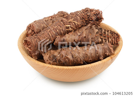 Rhodiola rosea root in wooden bowl isolated on white background with full depth of field 104613205