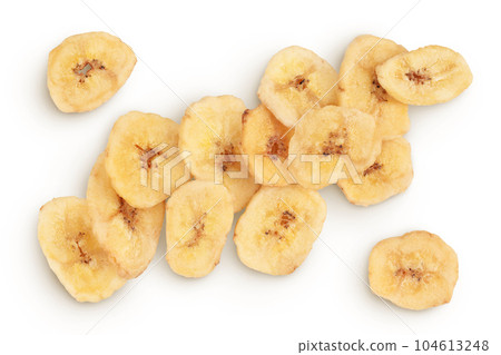Dried banana chips isolated on white background with full depth of field. Top view. Flat lay 104613248