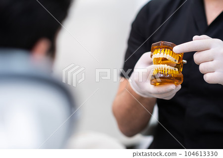 Dentist with protective gloves pointing to metal dental braces installed on human jaws model doctor explaining teeth aligners work effect in hospital closeup 104613330