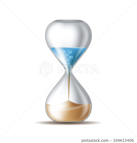 Water in hourglass becomes a sand. Sandglass isolated on white background. 104613406