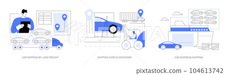 Automobiles international shipping abstract concept vector illustrations. Automobiles international shipping abstract concept vector illustrations. 104613742