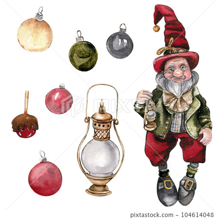 A set of Christmas gnome and new year toys. Hand drawn watercolor illustration for winter holiday. Perfect for post cards, invitation, t-shirt, posters, party, mug, home decoration. 104614048