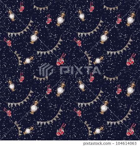 Watercolor Christmas seamless pattern with holiday elements. Winter print with hand drawn vintage illustrations. Perfect for Christmas gift paper. 104614063