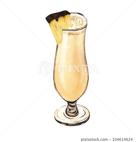Watercolor summer Pina colada cocktail. It is made from rum, pineapple and coconut cream. Hand-drawn illustration isolated on white background. Perfect for recipe alcoholic lists with drinks, for cafe 104614624