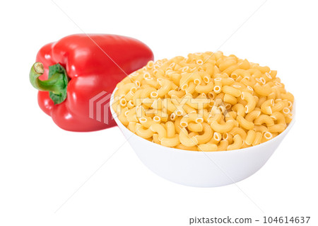 Uncooked Chifferi Rigati Pasta in White Cup with Red Bell Pepper Isolated 104614637