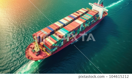 Aerial view of cargo ship carrying containers. Fully loaded container ship in the ocean, beautiful sunset seascape on the background. International transportation concept. 3D illustration. Aerial view of cargo ship carrying containers. Fully loaded container ship in the ocean, beautiful sunset seascape on the background. International transportation concept. 3D illustration. 104615212