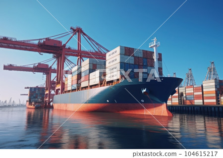 Container ship at the berth in cargo terminal of the port under loading or unloading. Port cranes load containers on the deck of the vessel. International freight shipping concept. 3D illustration. 104615217