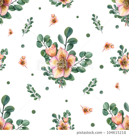 Delicate bouquet of hellebores, eucalyptus branches. Seamless floral pattern isolated on dark background. Watercolor illustration for fabric, textile, scrapbooking, wrapping, fashion. 104615218