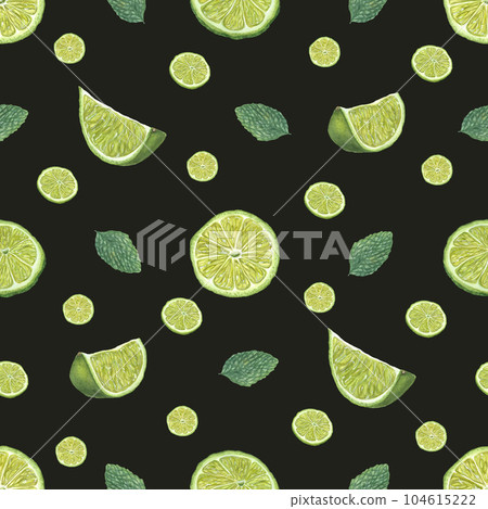Ripe lime slices and green mint leaves isolated on black background. Seamless pattern for room decor, textile, print wrapping, scrapbook. Watercolor illustration of fresh citrus 104615222