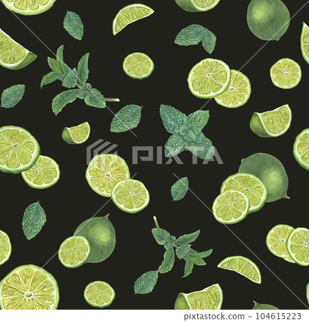 Fresh lime slices and green mint leaves isolated on black background. Seamless pattern for textile, room decor, print wrapping, scrapbook. Watercolor illustration of summer fruit composition 104615223