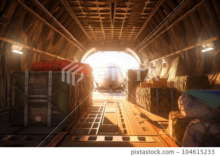 The cargo compartment of transport aircraft. Loading a cargo plane. Global logistics, international delivery, air mail. International freight transport and logistics concept. 3D illustration. The cargo compartment of transport aircraft. Loading a cargo plane. Global logistics, international delivery, air mail. International freight transport and logistics concept. 3D illustration. 104615233