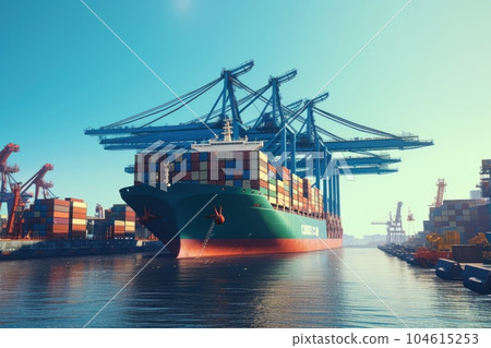 Container ship at the berth in cargo terminal of the port under loading or unloading. Port cranes load containers on the deck of the vessel. International freight shipping concept. 3D illustration. 104615253