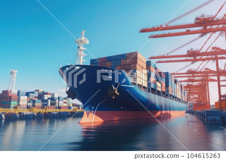 Container ship at the berth in cargo terminal of the port under loading. Port cranes load containers, place them in rows on the deck of the vessel. Global freight shipping concept. 3D illustration. Container ship at the berth in cargo terminal of the port under loading. Port cranes load containers, place them in rows on the deck of the vessel. Global freight shipping concept. 3D illustration. 104615263
