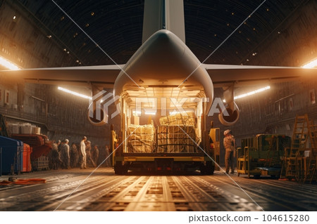 Loading transport aircraft in the hangar of cargo terminal. Large bales ready for loading, employees standing around the plane, night lighting. Global freight transportation concept. 3D illustration. 104615280
