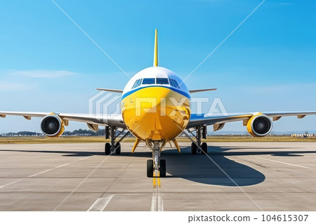 Front view of a modern civil aircraft on the airfield runway. Wide body aircraft ready to take off against the blue sky. Global travel and transportation concept. 3D illustration. 104615307