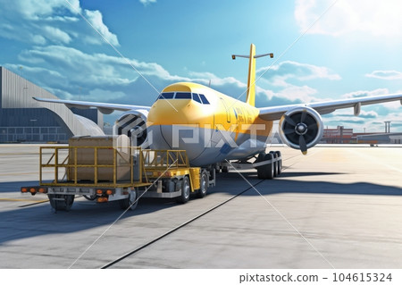 Loading a cargo plane at the airport. A cargo trolley delivering cargo to the jet on the airfield. International freight transport, airmail and logistics concept. 3D illustration. 104615324