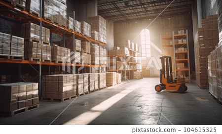 Large industrial warehouse. Tall racks filled with boxes and containers. Boxes on pallets. Forklift in the aisle. Daylight fills the room through the windows. Global logistic concept. 3D illustration. Large industrial warehouse. Tall racks filled with boxes and containers. Boxes on pallets. Forklift in the aisle. Daylight fills the room through the windows. Global logistic concept. 3D illustration. 104615325