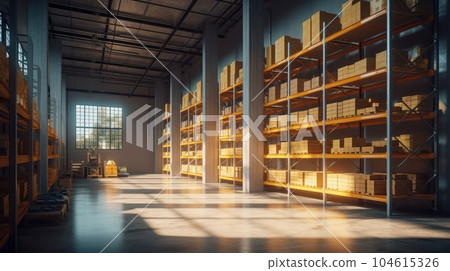 Large industrial warehouse. Tall racks completely filled with boxes and containers. Cardboard boxes on pallets. Daylight fills the room through the windows. Global logistic concept. 3D illustration. Large industrial warehouse. Tall racks completely filled with boxes and containers. Cardboard boxes on pallets. Daylight fills the room through the windows. Global logistic concept. 3D illustration. 104615326