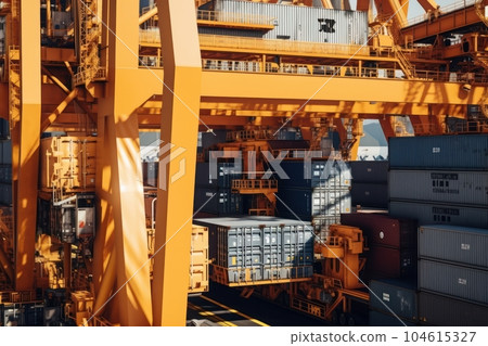 Close up view of a huge port crane. Containers are stacked on the loading platform and ready to be loaded onto the vessel. International freight shipping concept. 3D illustration. 104615327