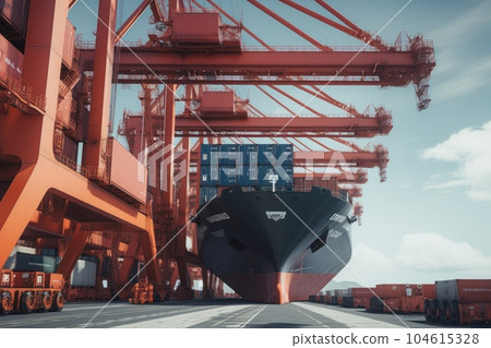 View from the ground to a huge port crane. Loading containers from a railway platform onto a container ship. Global of cargo transportation and logistics concept. 3D illustration. View from the ground to a huge port crane. Loading containers from a railway platform onto a container ship. Global of cargo transportation and logistics concept. 3D illustration. 104615328