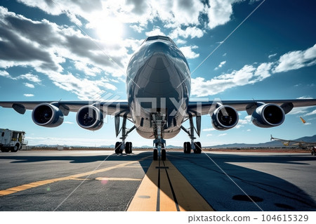 Front view of a modern civil aircraft on the airfield runway. Wide body aircraft ready to take off against the blue sky. Global travel and transportation concept. 3D illustration. Front view of a modern civil aircraft on the airfield runway. Wide body aircraft ready to take off against the blue sky. Global travel and transportation concept. 3D illustration. 104615329