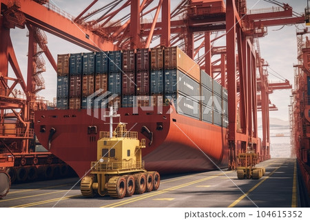 View from the ground to a huge port crane loading container ship. Tractors and loading platforms involved in the loading process. Global cargo transportation and logistics concept. 3D illustration. View from the ground to a huge port crane loading container ship. Tractors and loading platforms involved in the loading process. Global cargo transportation and logistics concept. 3D illustration. 104615352