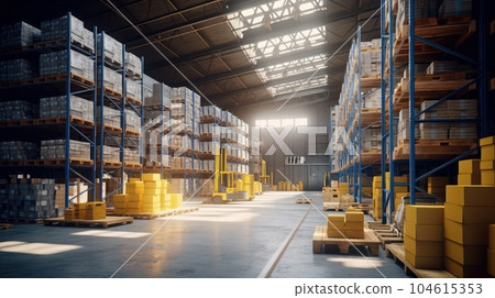 Large industrial warehouse. Tall racks completely filled with boxes and containers. Cardboard boxes on pallets. Daylight fills the room through the windows. Global logistic concept. 3D illustration. 104615353