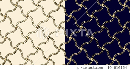 Tiled seamless pattern. Vintage geometric pattern with gold realistic chains, beads. Classic elegance design. Tiled seamless pattern. Vintage geometric pattern with gold realistic chains, beads. Classic elegance design. 104616164