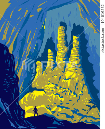 Hang Son Doong Cave Interior in Phong Nha-Ke Bang National Park Vietnam WPA Art Deco Poster Hang Son Doong Cave Interior in Phong Nha-Ke Bang National Park Vietnam WPA Art Deco Poster 104616282
