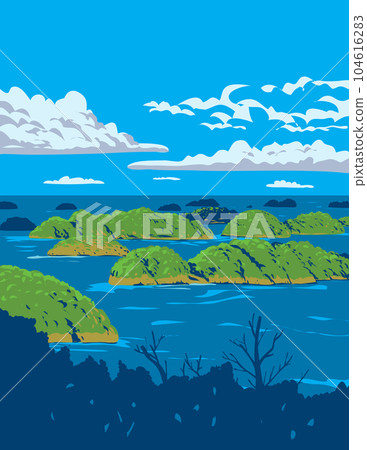 Hundred Islands National Park in Lingayen Gulf Alaminos Pangasinan Philippines WPA Art Deco Poster Hundred Islands National Park in Lingayen Gulf Alaminos Pangasinan Philippines WPA Art Deco Poster 104616283