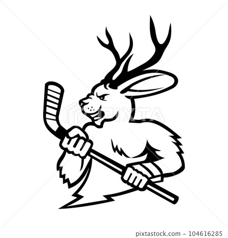 Jackalope With Ice Hockey Stick Mascot Black and White 104616285