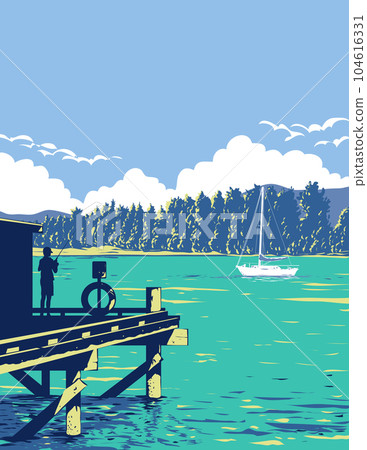 Fishing in Mapua Summer on Tasman Bay New Zealand WPA Art Deco Poster 104616331