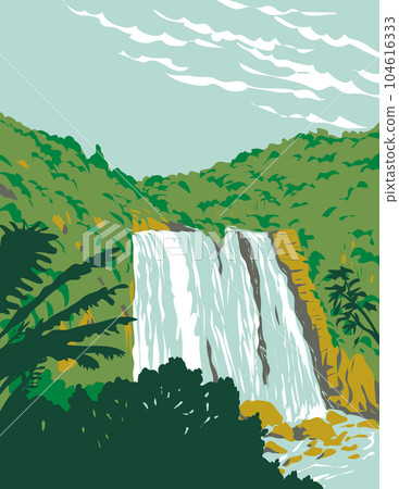 Marokopa Falls Near Waitomo North Island of New Zealand WPA Art Deco Poster Marokopa Falls Near Waitomo North Island of New Zealand WPA Art Deco Poster 104616333