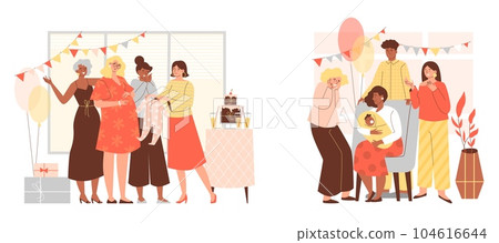 Set of scenes about baby shower party flat style, vector illustration Set of scenes about baby shower party flat style, vector illustration 104616644