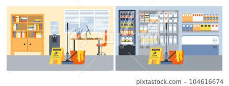 Janitor equipment in the office and supermarket - bucket, mop and caution yellow sign, flat vector illustration. 104616674