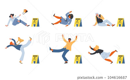People falling slip on wet floor set of flat vector illustrations isolated. People falling slip on wet floor set of flat vector illustrations isolated. 104616687
