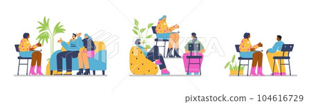 People attending group therapy session, set of flat vector illustration isolated on white background. People attending group therapy session, set of flat vector illustration isolated on white background. 104616729