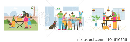 Easter preparations in family set of scenes flat vector illustration isolated. Easter preparations in family set of scenes flat vector illustration isolated. 104616736