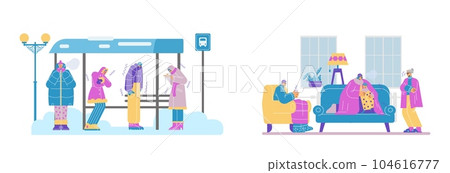 Set of freezing people at home and outdoor scenes flat style 104616777