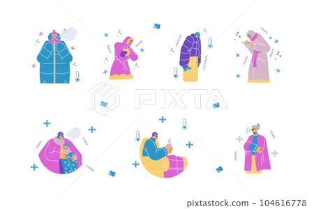People freezing, wrapping in warm clothes from cold, flat vector isolated. 104616778