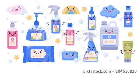 Antiseptic clean and hygienic products icons kawaii vector illustration isolated. 104616826