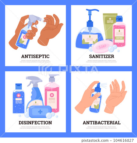 Set of squared banners about antiseptic and sanitizer flat style 104616827