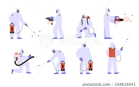 Disinfectant workers characters collection flat vector illustration isolated. 104616841