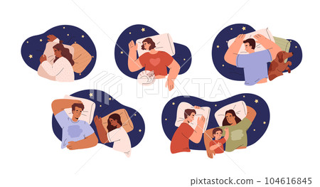 Set of people sleeping in various poses top view flat style Set of people sleeping in various poses top view flat style 104616845