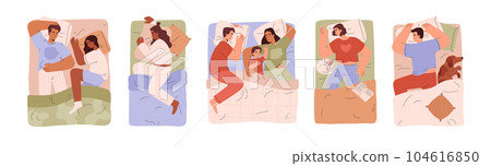 Cards about healthy sleep with people in beds, flat vector illustration. 104616850