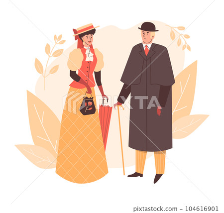 Happy victorian man and woman walking together flat style, vector illustration Happy victorian man and woman walking together flat style, vector illustration 104616901