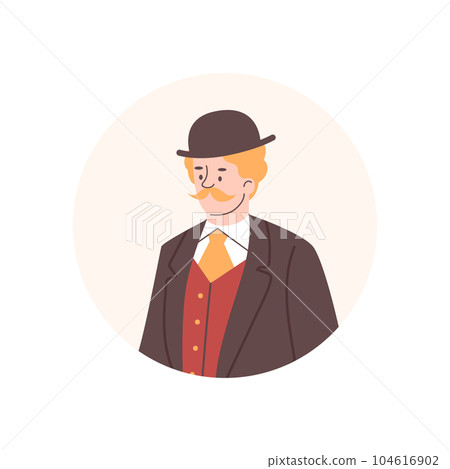 Man with mustaches in suit and hat, round avatar, flat vector illustration isolated on white background. Man with mustaches in suit and hat, round avatar, flat vector illustration isolated on white background. 104616902