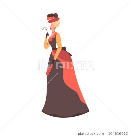 Elegant woman in Victorian era dress and hat, flat vector illustration isolated on white background. Elegant woman in Victorian era dress and hat, flat vector illustration isolated on white background. 104616912