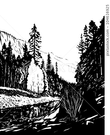Merced River in Yosemite National Park Comics Style Drawing Merced River in Yosemite National Park Comics Style Drawing 104616925